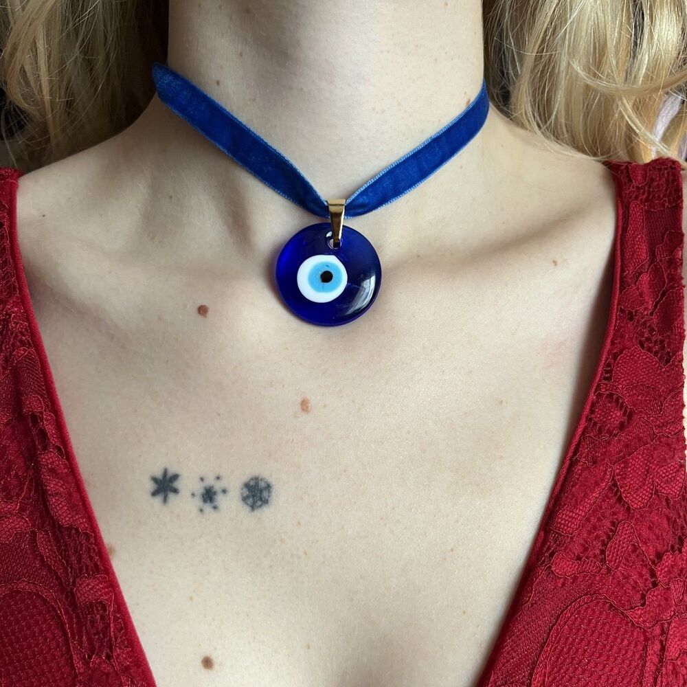 Glass Evil Eye Talisman Choker on Blue Velvet Ribbon with Gold Accents Boho